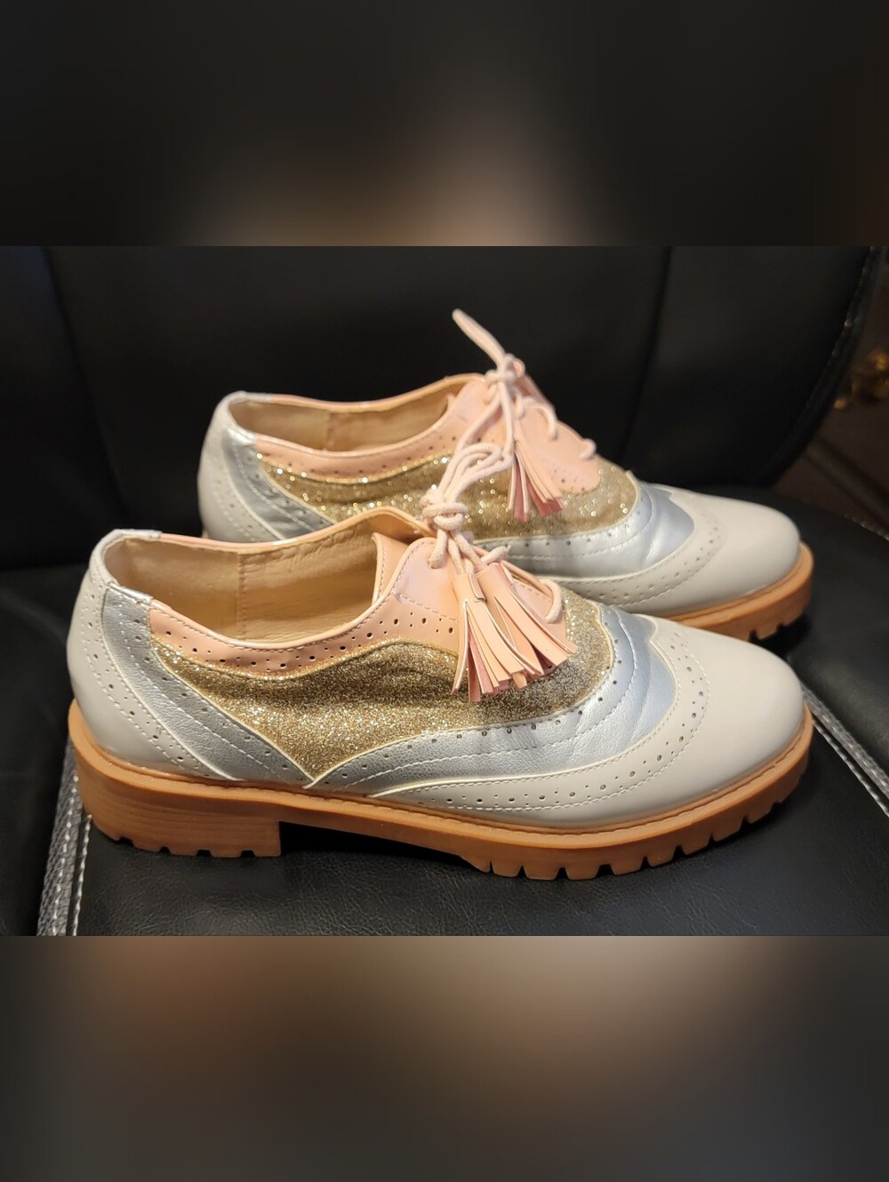 Jolimall Womens Brogue Oxford Shoes Glitter Tassel Lace Up Silver Gold Pink Sz 9